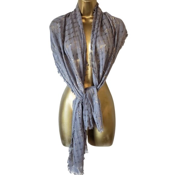 Pier 1 Imports Gray & Gold Metallic Fringed Wrap Scarf Shawl 70" X 20" - Picture 1 of 6